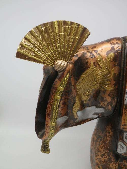 Oriental Masked Actor Painted Metal Figurine, Removeable mask and fan. 32cm