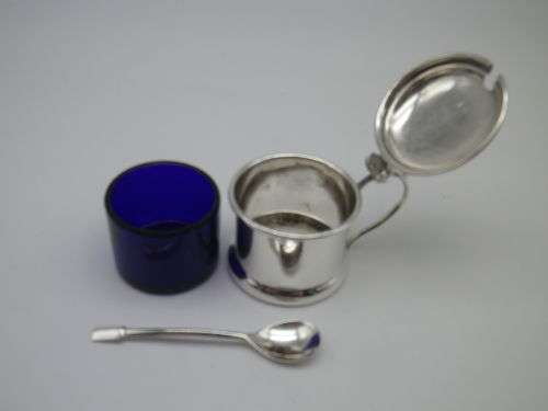 Hallmarked Silver Mustard pot and spoon Original Blue glass liner Birmingham 1935, 1937 33 grms