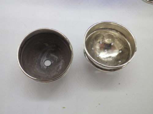 Birmingham 1926 Hallmarked Silver salt and pepper set. Original blue glass liners  Maker: K & L