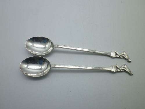 Pair BOWLING THEME Hallmarked silver spoons. Sheffield 1939 ASP Co 23grms 11.5 cm long. UNUSUAL!