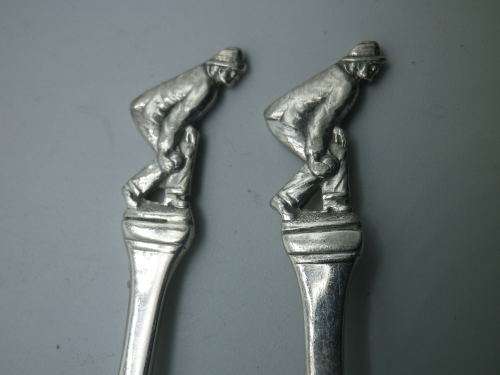 Pair BOWLING THEME Hallmarked silver spoons. Sheffield 1939 ASP Co 23grms 11.5 cm long. UNUSUAL!