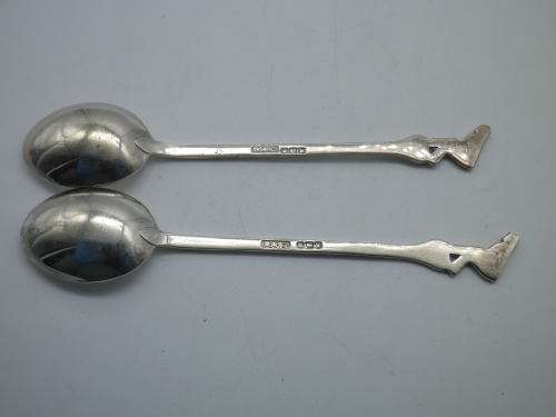 Pair BOWLING THEME Hallmarked silver spoons. Sheffield 1939 ASP Co 23grms 11.5 cm long. UNUSUAL!