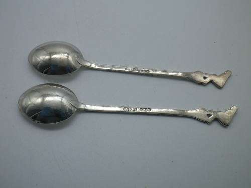Pair BOWLING THEME Hallmarked silver spoons. Sheffield 1939 ASP Co 23grms 11.5 cm long. UNUSUAL!