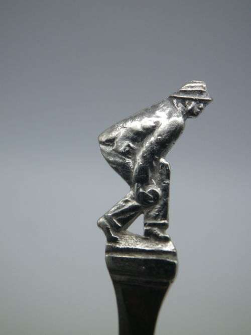 Pair BOWLING THEME Hallmarked silver spoons. Sheffield 1939 ASP Co 23grms 11.5 cm long. UNUSUAL!