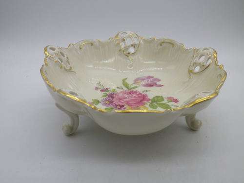Vintage RC Rosenthal Moliere 3 footed bowl No 2875 with pink roses Kronach Germany 17 x 6.5cm