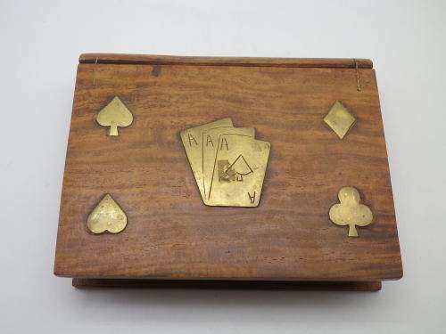 Vintage Wooden Book Shape Double Playing Card Box with Brass inlay