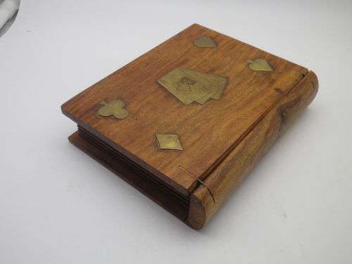 Vintage Wooden Book Shape Double Playing Card Box with Brass inlay