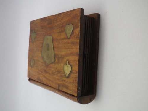 Vintage Wooden Book Shape Double Playing Card Box with Brass inlay
