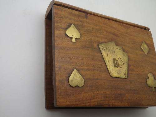 Vintage Wooden Book Shape Double Playing Card Box with Brass inlay