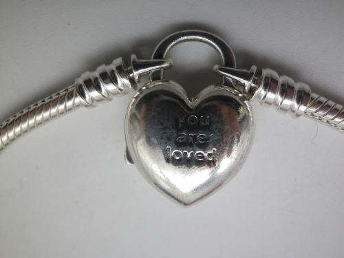 PANDORA STERLING SILVER bracelet with `You are Loved` heart shaped clasp Boxed Mint condition