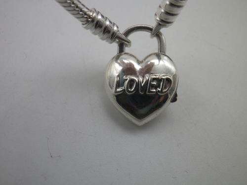 PANDORA STERLING SILVER bracelet with `You are Loved` heart shaped clasp Boxed Mint condition