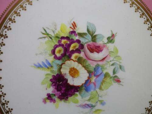 EXQUISITE ANTIQUE HANDPAINTED and GILDED PINK FLORAL CAKE STAND. 23 X 6.5cm EXCELLENT CONDITION.