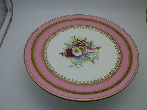 EXQUISITE ANTIQUE HANDPAINTED and GILDED PINK FLORAL CAKE STAND. 23 X 6.5cm EXCELLENT CONDITION.