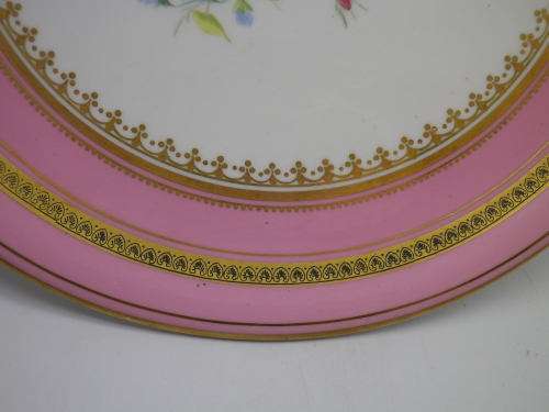 EXQUISITE ANTIQUE HANDPAINTED and GILDED PINK FLORAL CAKE STAND. 23 X 6.5cm EXCELLENT CONDITION.