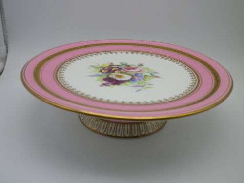 EXQUISITE ANTIQUE HANDPAINTED and GILDED PINK FLORAL CAKE STAND. 23 X 6.5cm EXCELLENT CONDITION.