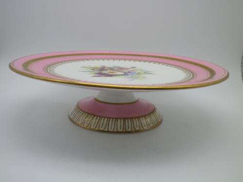 EXQUISITE ANTIQUE HANDPAINTED and GILDED PINK FLORAL CAKE STAND. 23 X 6.5cm EXCELLENT CONDITION.