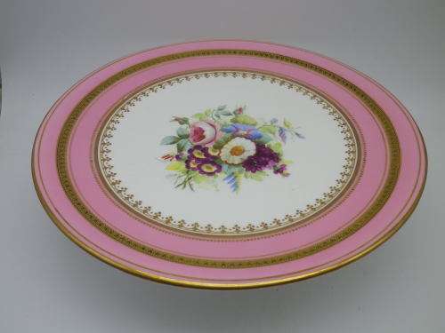 EXQUISITE ANTIQUE HANDPAINTED and GILDED PINK FLORAL CAKE STAND. 23 X 6.5cm EXCELLENT CONDITION.