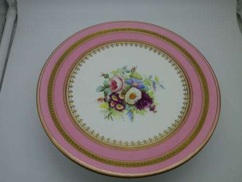 EXQUISITE ANTIQUE HANDPAINTED and GILDED PINK FLORAL CAKE STAND. 23 X 6.5cm EXCELLENT CONDITION.