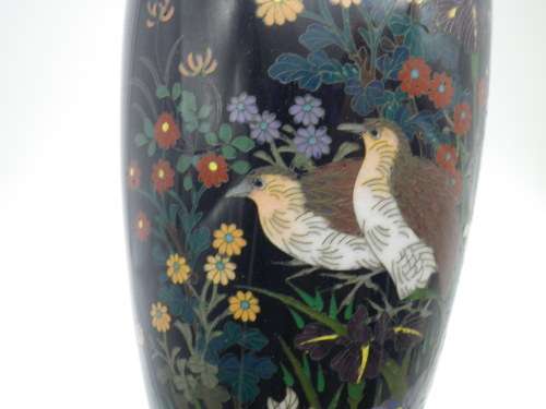 Antique Meiji Period Japanese Cloisonne Vase. Quails among irises 15cm Possibly Ota Toshiro?