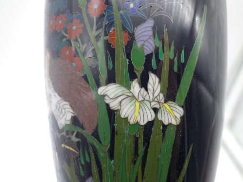 Antique Meiji Period Japanese Cloisonne Vase. Quails among irises 15cm Possibly Ota Toshiro?