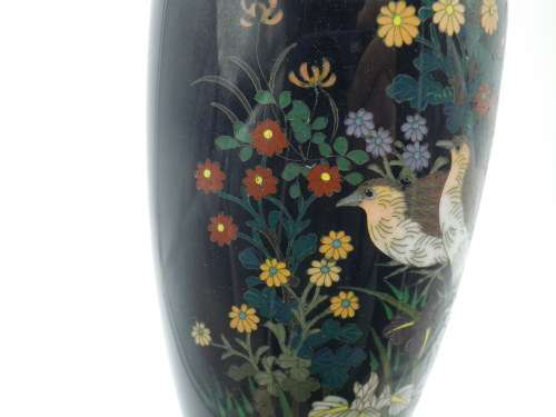 Antique Meiji Period Japanese Cloisonne Vase. Quails among irises 15cm Possibly Ota Toshiro?