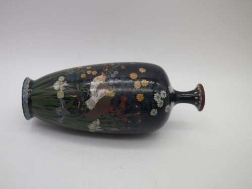 Antique Meiji Period Japanese Cloisonne Vase. Quails among irises 15cm Possibly Ota Toshiro?