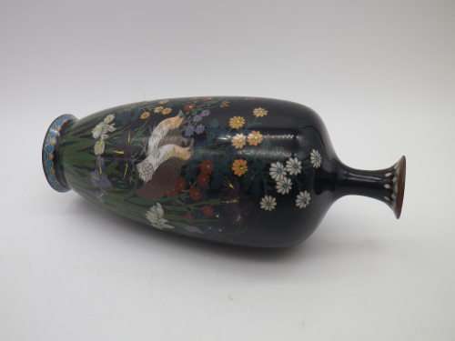 Antique Meiji Period Japanese Cloisonne Vase. Quails among irises 15cm Possibly Ota Toshiro?