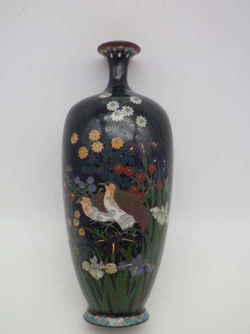 Antique Meiji Period Japanese Cloisonne Vase. Quails among irises 15cm Possibly Ota Toshiro?