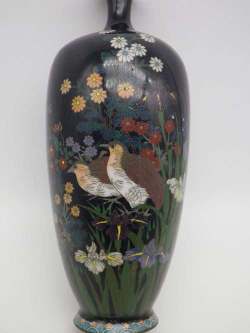 Antique Meiji Period Japanese Cloisonne Vase. Quails among irises 15cm Possibly Ota Toshiro?