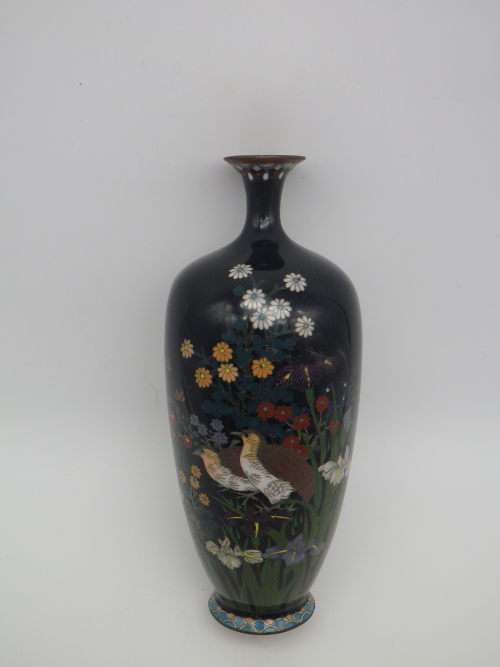 Antique Meiji Period Japanese Cloisonne Vase. Quails among irises 15cm Possibly Ota Toshiro?