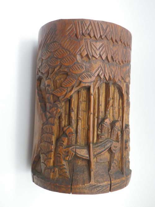 FOR MONACO ONLY PLEASE! Antique 19th c Chinese Carved Bamboo brush pot.  immortals in a landscape.