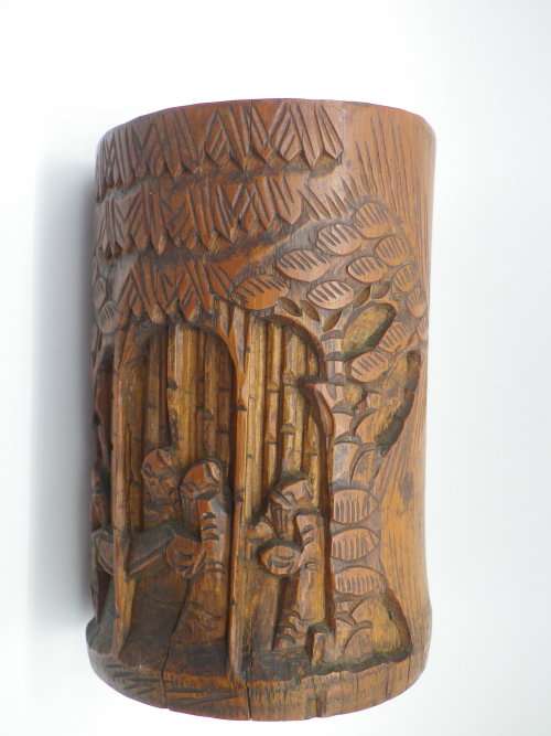 FOR MONACO ONLY PLEASE! Antique 19th c Chinese Carved Bamboo brush pot.  immortals in a landscape.