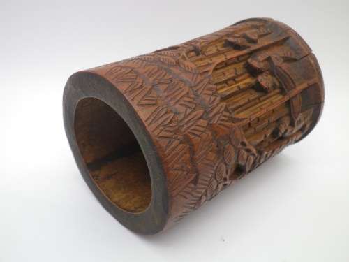 FOR MONACO ONLY PLEASE! Antique 19th c Chinese Carved Bamboo brush pot.  immortals in a landscape.