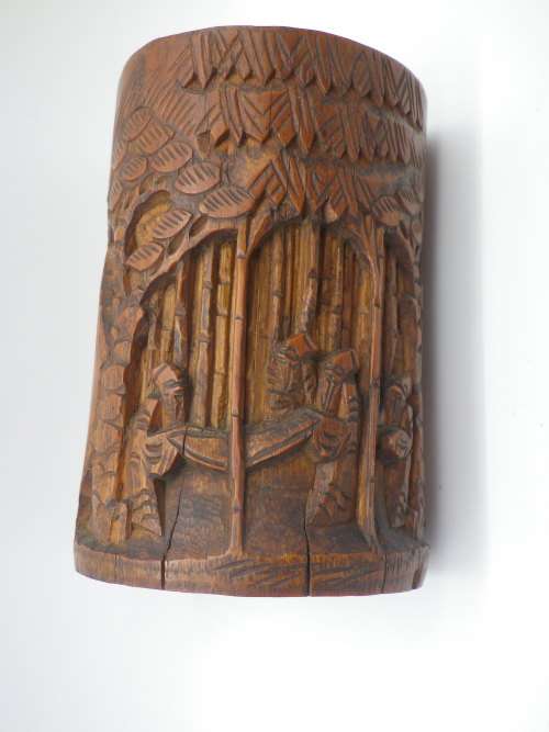 FOR MONACO ONLY PLEASE! Antique 19th c Chinese Carved Bamboo brush pot.  immortals in a landscape.