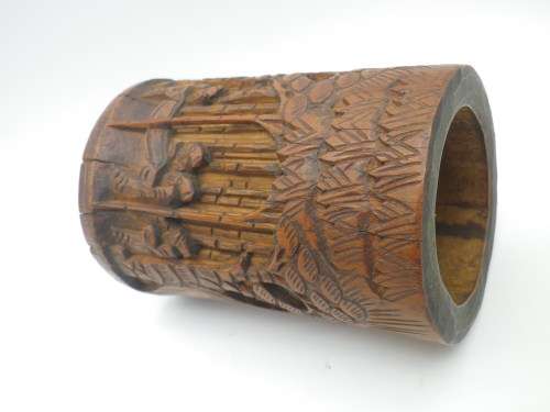 FOR MONACO ONLY PLEASE! Antique 19th c Chinese Carved Bamboo brush pot.  immortals in a landscape.