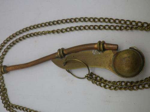 Vintage BOSSUNS BRASS & COPPER WHISTLE.with chain Excellent Condition- Works
