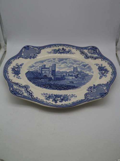 Johnson Bros Blue & White Platter, England Old Britain Castles Design 34 x 28.5cm