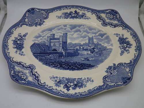 Johnson Bros Blue & White Platter, England Old Britain Castles Design 34 x 28.5cm