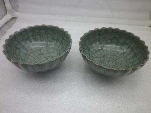 Handsome pair Chinese crackle glaze porcelain rice bowls with carved ebony chopsticks & stand.