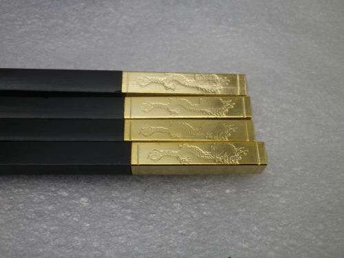 Handsome pair Chinese crackle glaze porcelain rice bowls with carved ebony chopsticks & stand.