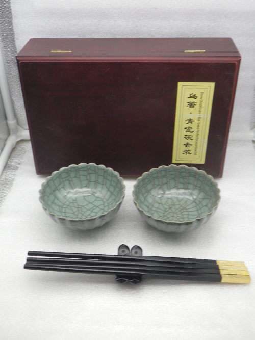 Handsome pair Chinese crackle glaze porcelain rice bowls with carved ebony chopsticks & stand.