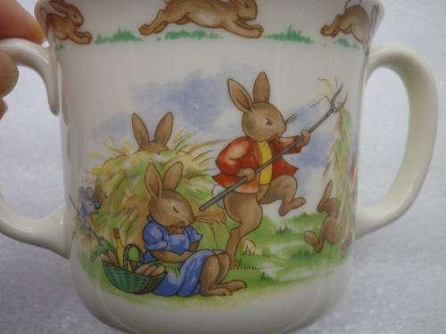 Royal Doulton BUNNYKINS Double Handled Mug. Bunnies GATHERING HAY theme