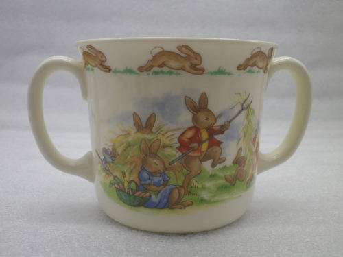 Royal Doulton BUNNYKINS Double Handled Mug. Bunnies GATHERING HAY theme