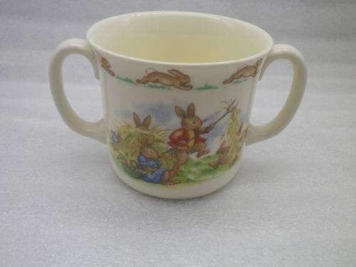 Royal Doulton BUNNYKINS Double Handled Mug. Bunnies GATHERING HAY theme