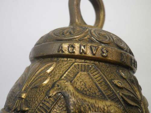 Vintage Ornate  Brass Christian Santuary  Bell `Agnus Pelicanus`