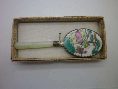 Chinese ceramic & Jadite hand held handle mirror. Boxed