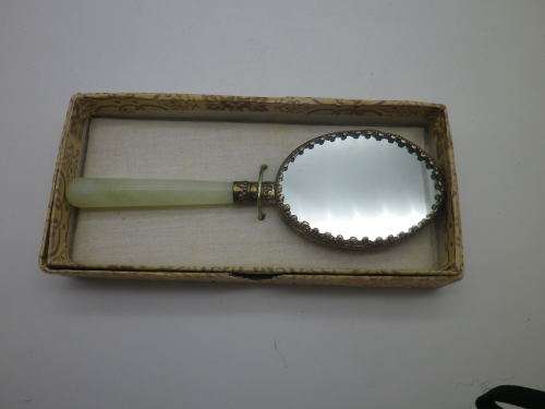 Chinese ceramic & Jadite hand held handle mirror. Boxed