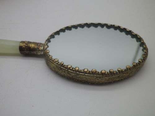 Chinese ceramic & Jadite hand held handle mirror. Boxed