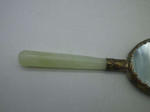 Chinese ceramic & Jadite hand held handle mirror. Boxed