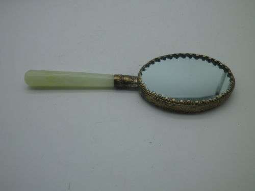 Chinese ceramic & Jadite hand held handle mirror. Boxed